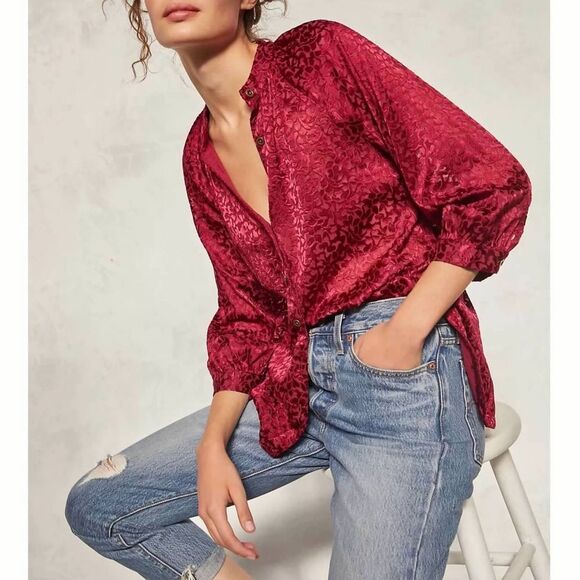 Anthropologie Burgundy Burnout Floral Velvet Buttondown Shirt Size XL NWT - Picture 2 of 12